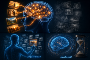 رسم توضيحي لدماغ بشري مع شبكات ضوئية متوهجة ترمز لعملية استرجاع الذكريات، وبجانبه صور باهتة ترمز للذكريات غير المسترجعة.